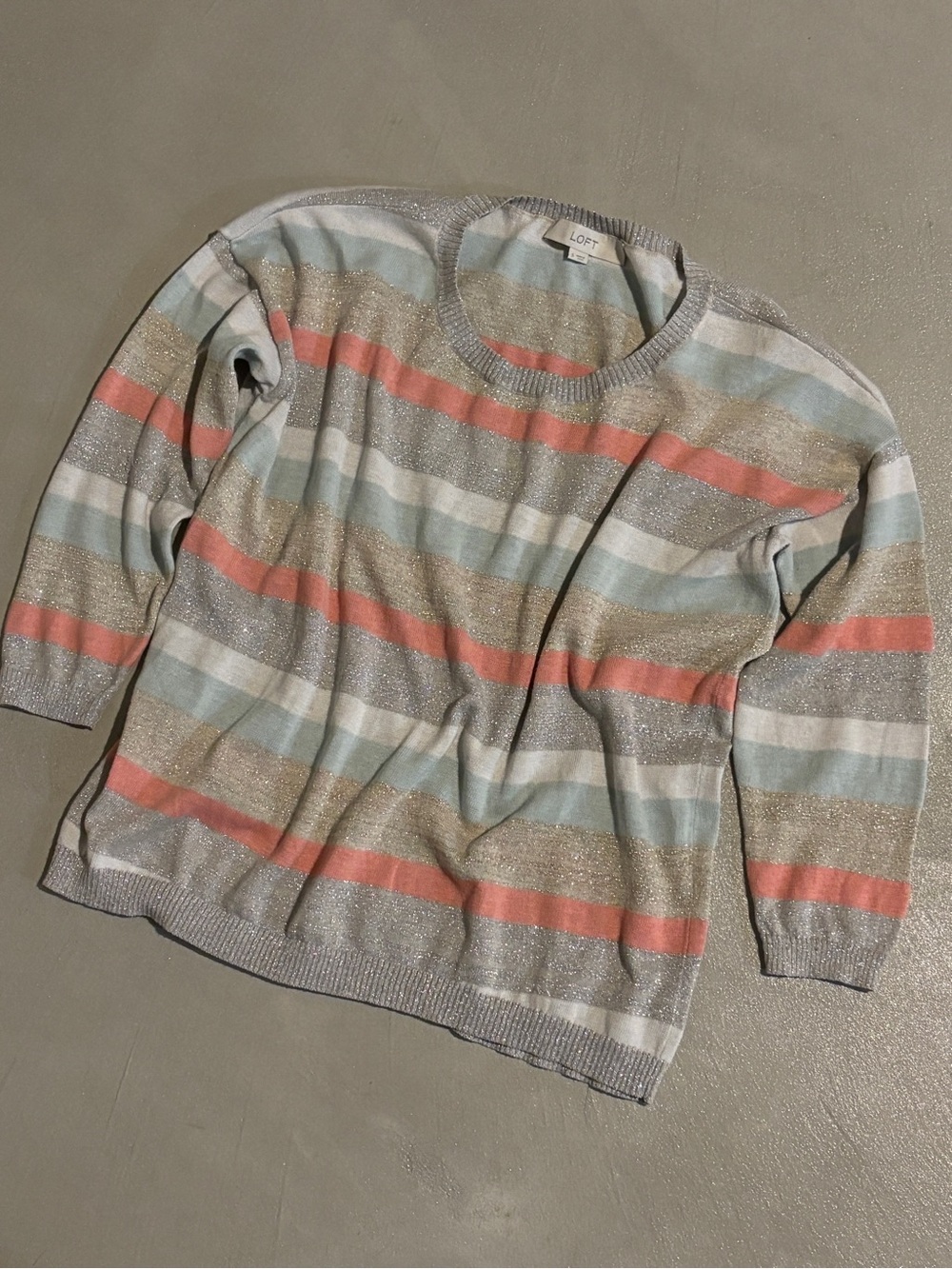 LOFT Metallic Striped Scoopneck Sweater in Coral, Light Blue & Gray